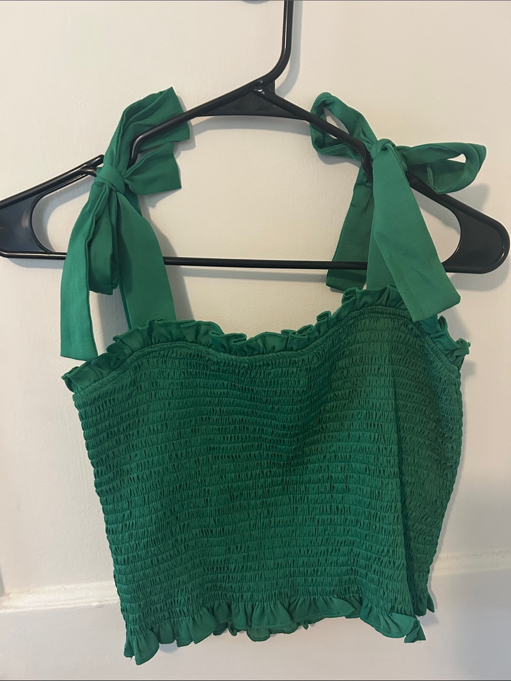 Green Smocked Tie-Shoulder Crop Top